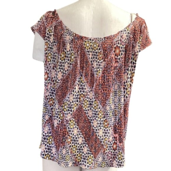 Lauren Conrad Peasant Top Mixed Print Shimmer Micropleated M 64J - Picture 9 of 12